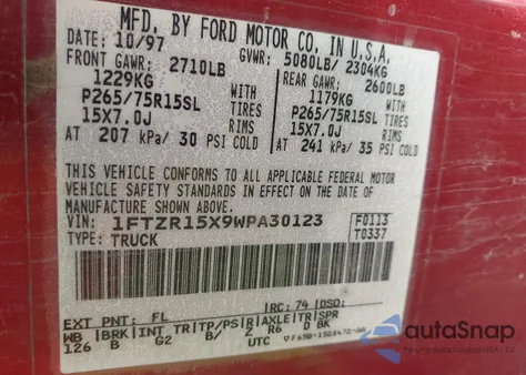 1998 Ford Ranger Splash/Xl/Xlt из США, поврежденный, VIN 1FTZR15X9WPA30123